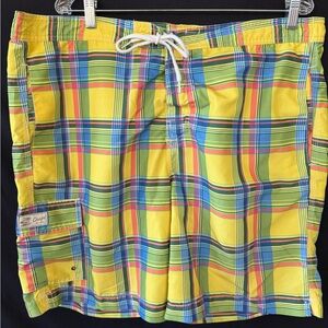 Chaps Swim Trunks Mens XL Plaid Yellow Green Blue Board Shorts Mesh Lined Beach